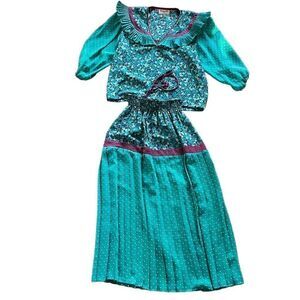 Assorti for Susan Freis Skirt Set Womens S Pink Green Georgette Vintage 80s
